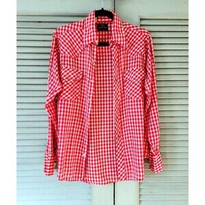 1970s Vintage Sears Western Wear Pearl Snap Shirt: Red Gingham Button Up, Small